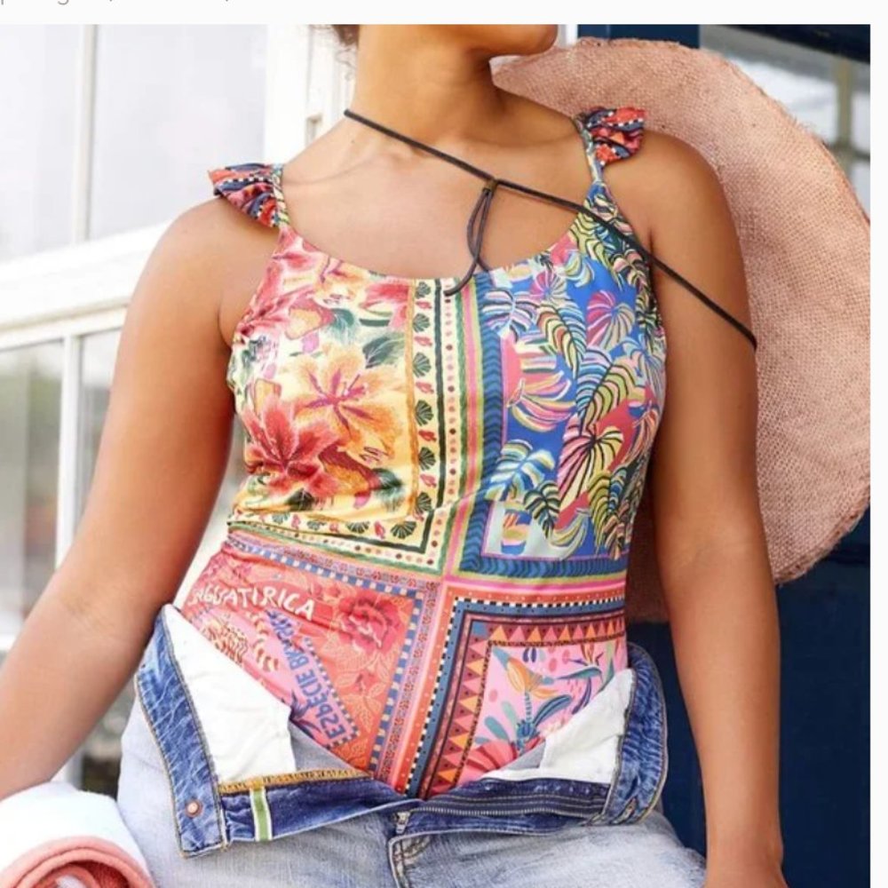 ⭐️ Farm Rio Lita One-Piece Boho Beach Farm Art Peasant Hipster Floral Swimsuit - Picture 9 of 12